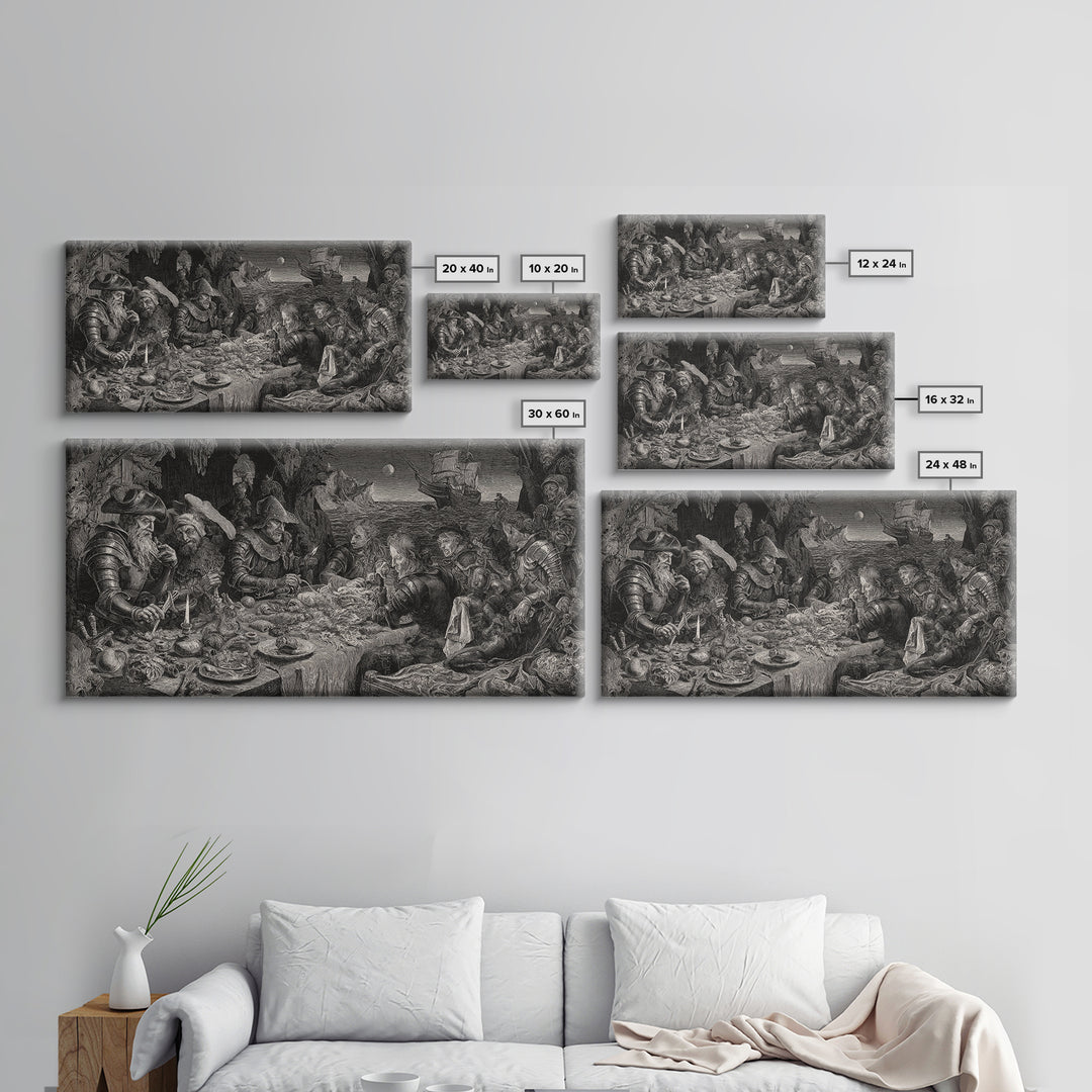 The Ghost Pirate Picnic, Renaissance Engraving Art, Wide Panoramic Art, Gothic Horror Wall Art, Canvas Print, Halloween Wall Art