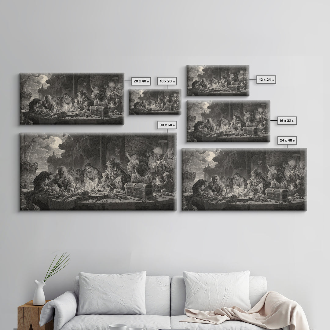The Ghost Pirate Picnic, Architectural Etching Art, Wide Panoramic Art, Dark Halloween Decor, Framed Canvas Print