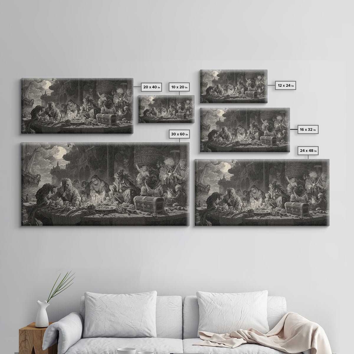 The Ghost Pirate Picnic, Architectural Etching Art, Wide Panoramic Art, Dark Halloween Decor, Framed Canvas Print