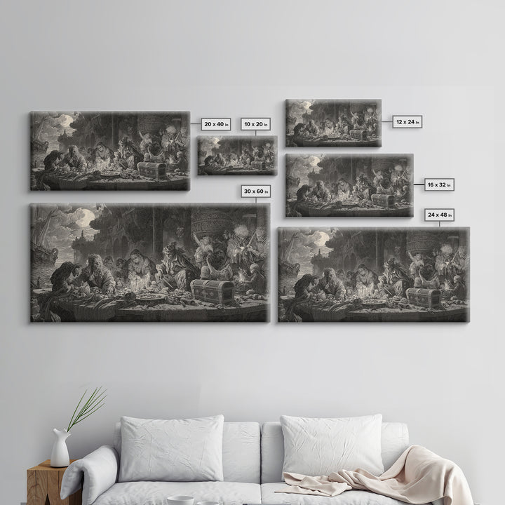 The Ghost Pirate Picnic, Architectural Etching Art, Wide Panoramic Art, Dark Halloween Decor, Framed Canvas Print