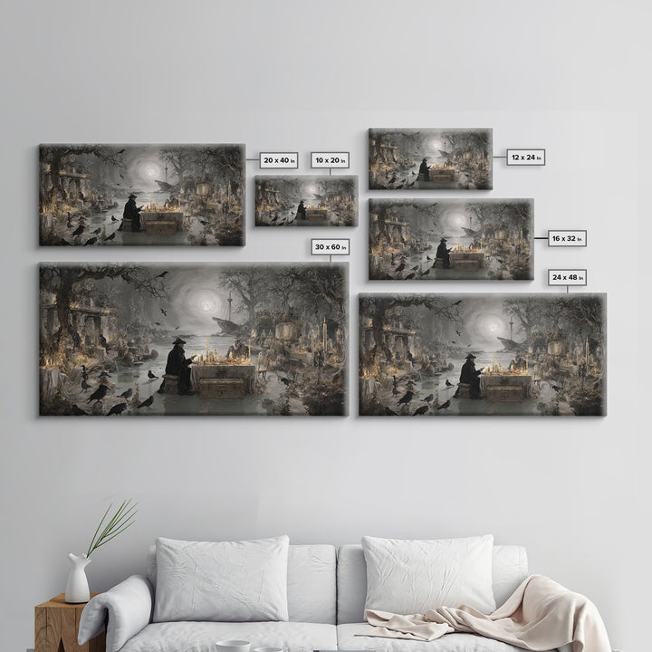 The Ghost Pirate Picnic, Romantic Gothic Landscape, Wide Panoramic Art, Macabre Wall Art, Framed Canvas Print, Halloween Wall Art