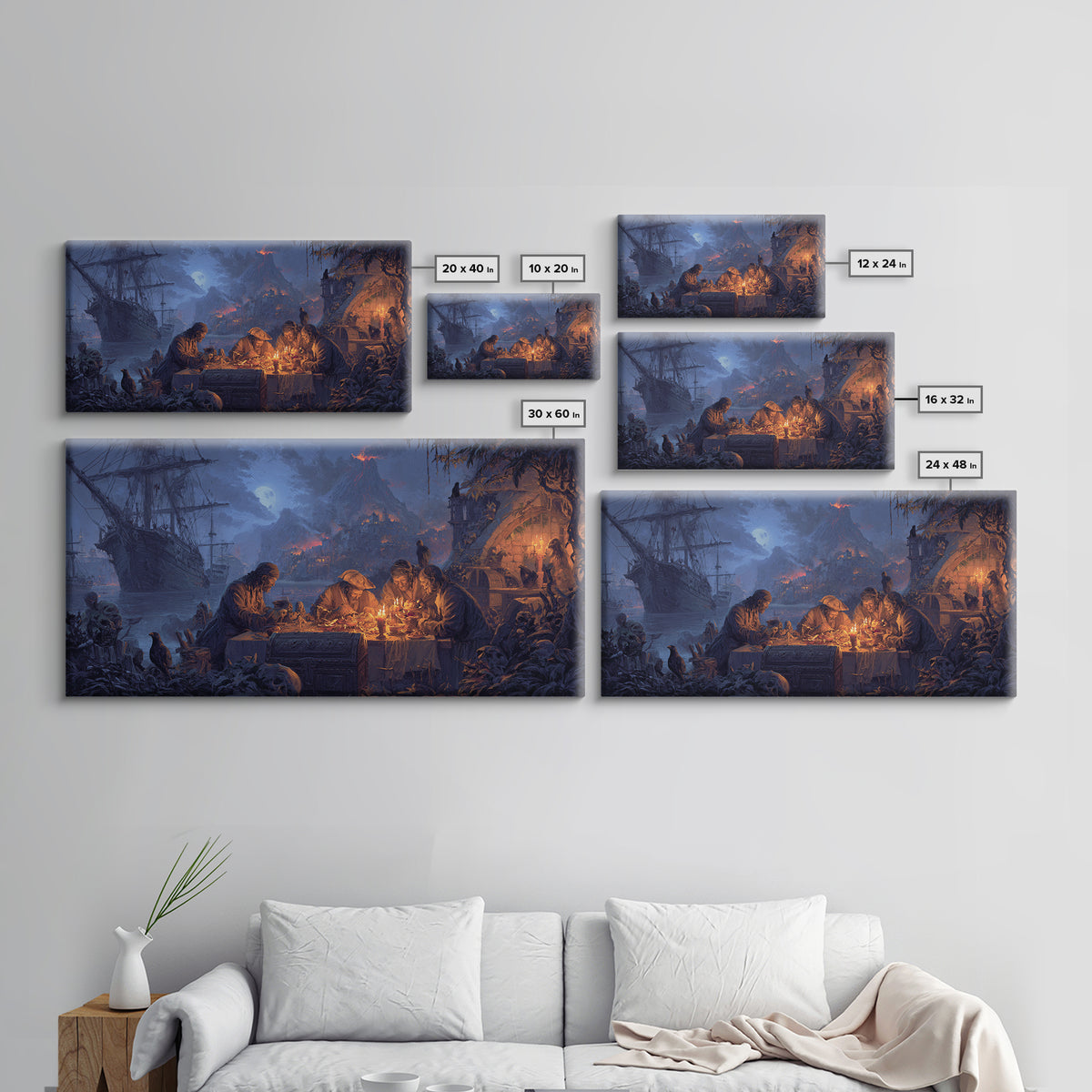 The Ghost Pirate Picnic, Apocalyptic Romantic Art, Wide Panoramic Art, Macabre Wall Art, Framed Canvas Print, Halloween Wall Art