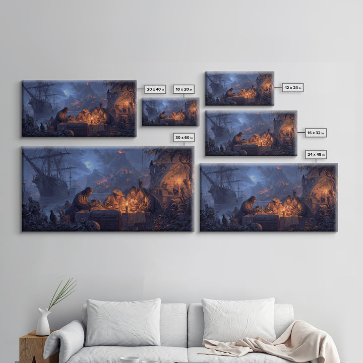 The Ghost Pirate Picnic, Apocalyptic Romantic Art, Wide Panoramic Art, Macabre Wall Art, Framed Canvas Print, Halloween Wall Art