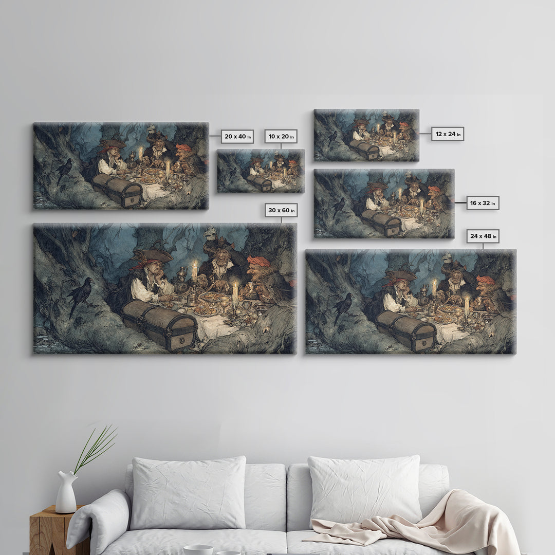 The Ghost Pirate Picnic, Gothic Storybook Art, Wide Panoramic Art, Dark Fantasy Wall Art, Canvas Print, Halloween Wall Art