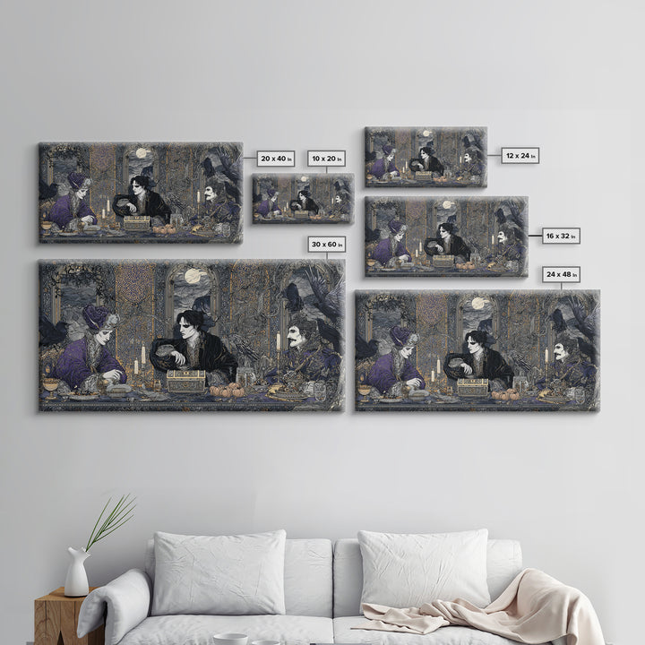 The Ghost Pirate Picnic, Stained Glass Gothic Art, Wide Panoramic Art, Dark Halloween Decor, Framed Canvas Print, Halloween Wall Art