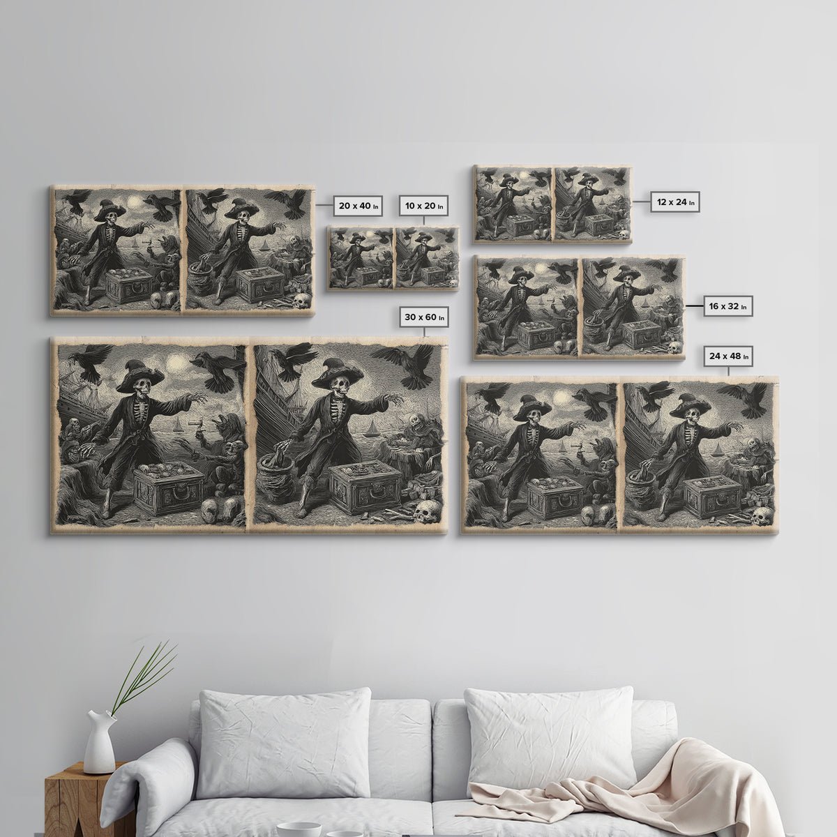 The Ghost Pirate Picnic, Macabre Folk Print Art, Wide Panoramic Art, Dark Fantasy Wall Art, Framed Canvas Print, Halloween Decor