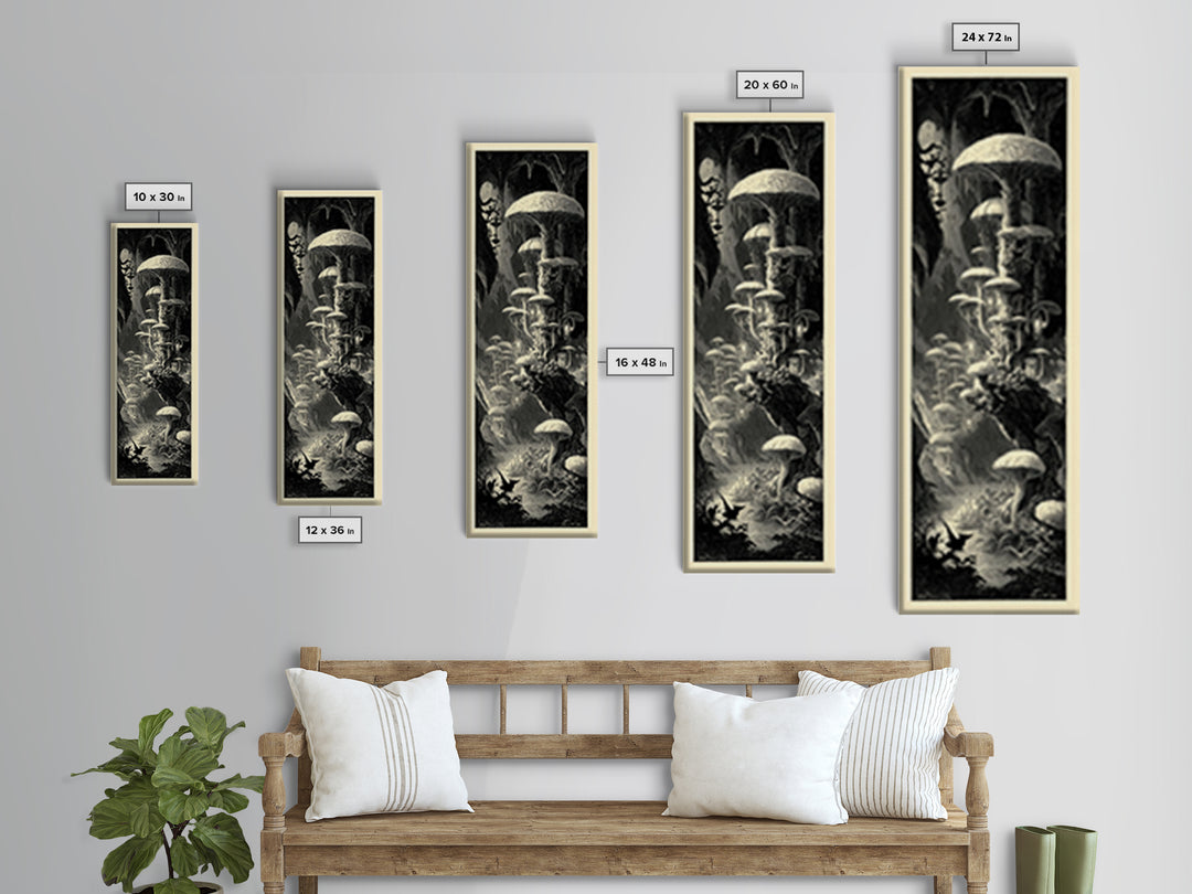 The Moonlit Mushroom Village, Gothic Engraving Art, Tall Narrow Wall Art, Macabre Wall Art, Canvas Print, Halloween Wall Art
