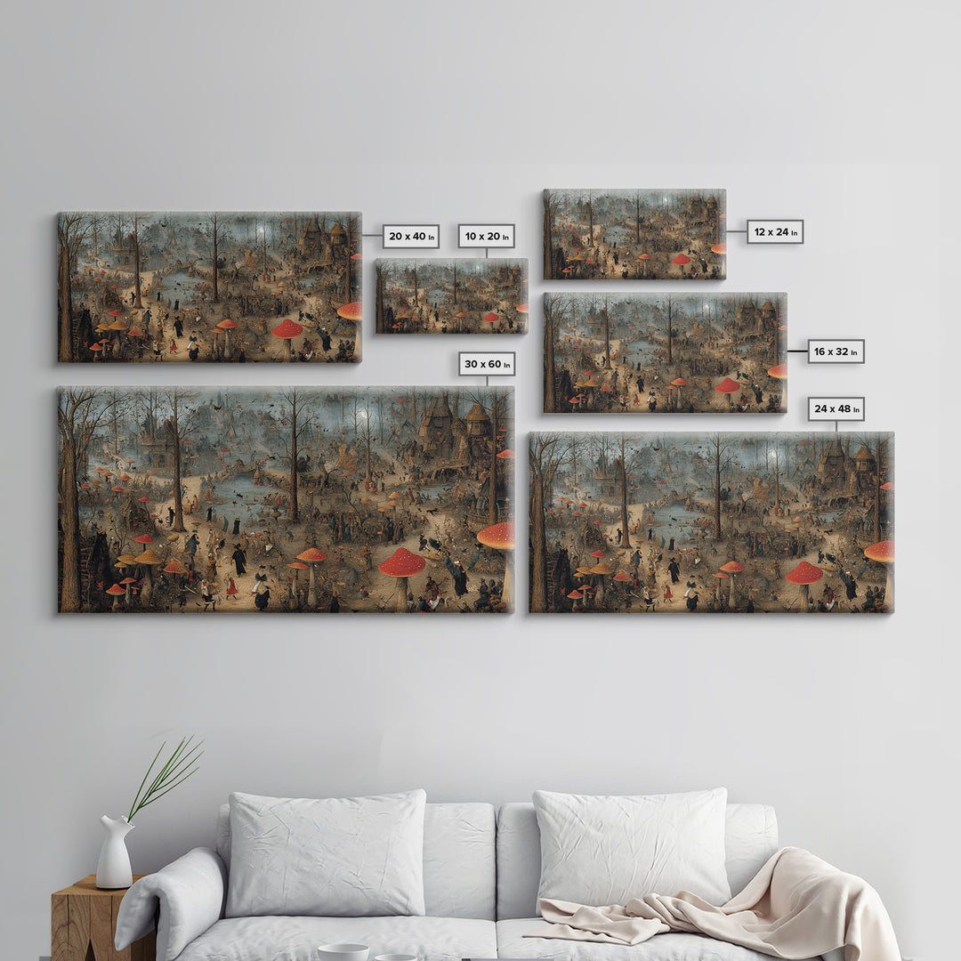The Moonlit Mushroom Village, Northern Renaissance Horror, Wide Panoramic Art, Macabre Wall Art, Canvas Print, Halloween Wall Art