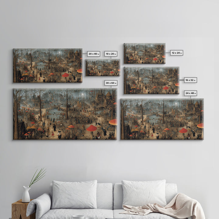 The Moonlit Mushroom Village, Northern Renaissance Horror, Wide Panoramic Art, Macabre Wall Art, Canvas Print, Halloween Wall Art