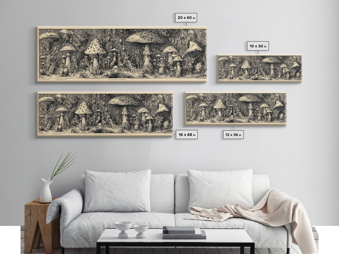 The Moonlit Mushroom Village, Renaissance Engraving Art, Extra Wide Wall Art, Dark Halloween Decor, Framed Canvas Print, Macabre Wall Art