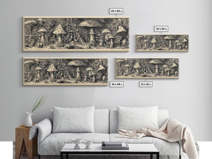 The Moonlit Mushroom Village, Renaissance Engraving Art, Extra Wide Wall Art, Dark Halloween Decor, Framed Canvas Print, Macabre Wall Art