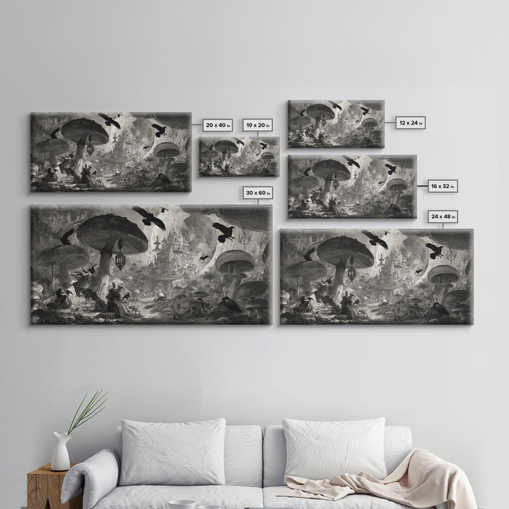 The Moonlit Mushroom Village, Architectural Etching Art, Wide Panoramic Art, Gothic Horror Wall Art, Canvas Print