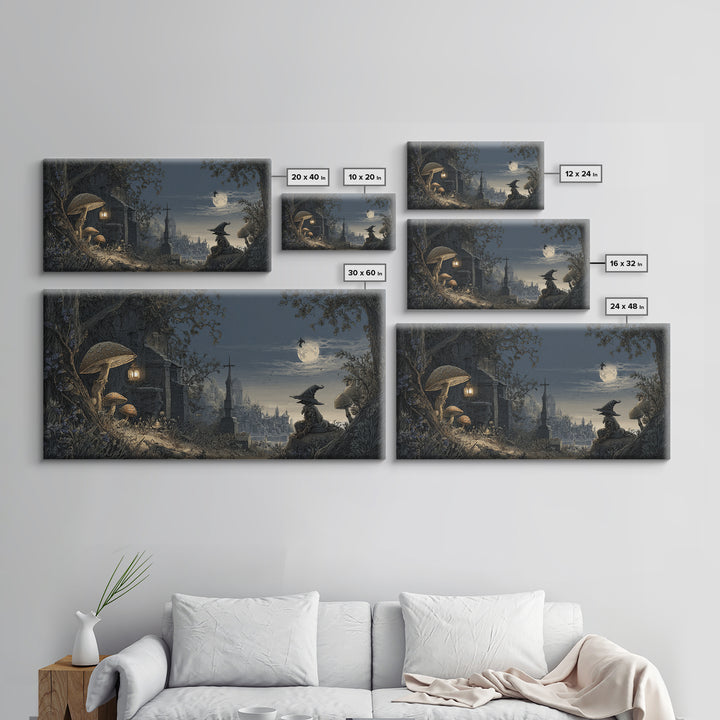 The Moonlit Mushroom Village, Romantic Gothic Landscape, Wide Panoramic Art, Dark Fantasy Wall Art, Canvas Print, Dark Fantasy Art