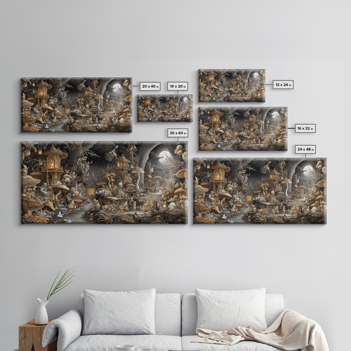 The Moonlit Mushroom Village, Apocalyptic Romantic Art, Wide Panoramic Art, Dark Fantasy Wall Art, Canvas Print, Halloween Wall Art