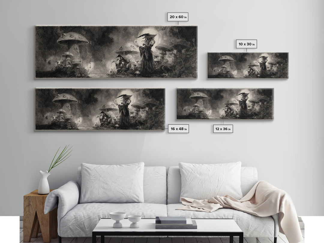 The Moonlit Mushroom Village, Symbolist Dream Art, Extra Wide Wall Art, Gothic Horror Wall Art, Canvas Print, Halloween Wall Art