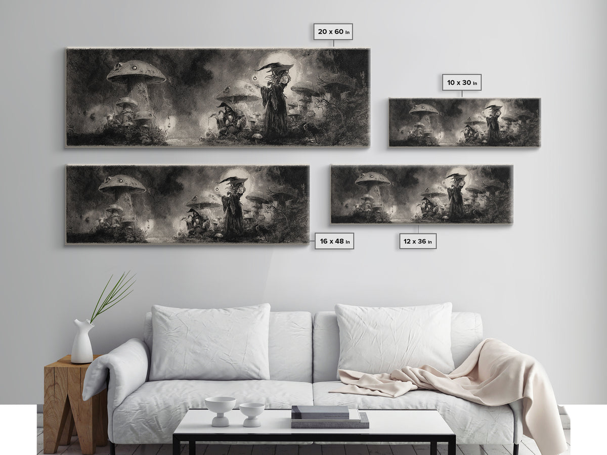 The Moonlit Mushroom Village, Symbolist Dream Art, Extra Wide Wall Art, Gothic Horror Wall Art, Canvas Print, Halloween Wall Art
