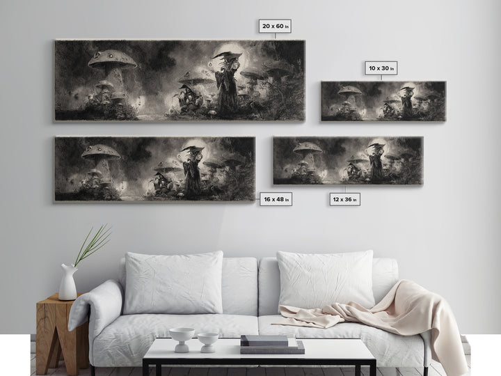 The Moonlit Mushroom Village, Symbolist Dream Art, Extra Wide Wall Art, Gothic Horror Wall Art, Canvas Print, Halloween Wall Art
