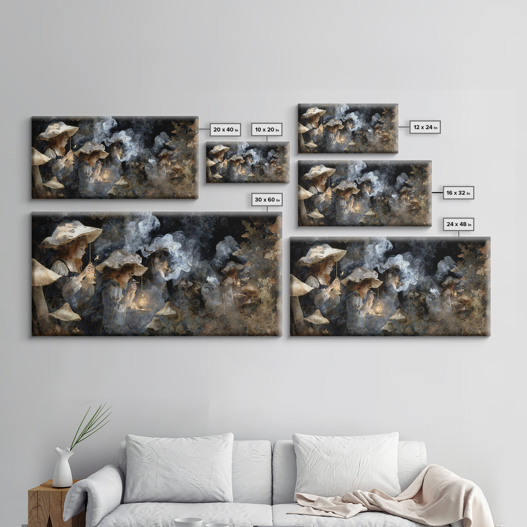The Moonlit Mushroom Village, Symbolist Gothic Landscape, Wide Panoramic Art, Dark Fantasy Wall Art, Canvas Print, Halloween Wall Art
