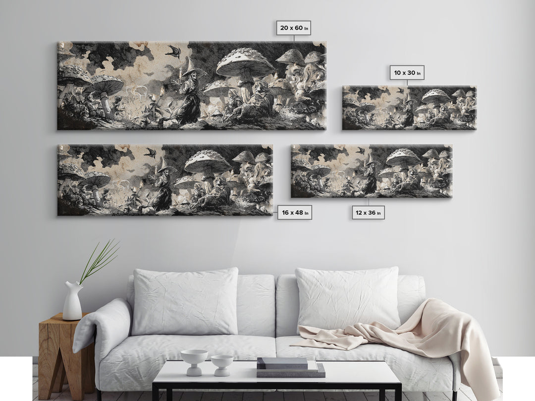 The Moonlit Mushroom Village, Decadent Gothic Art, Extra Wide Wall Art, Dark Halloween Decor, Framed Canvas Print, Halloween Wall Art