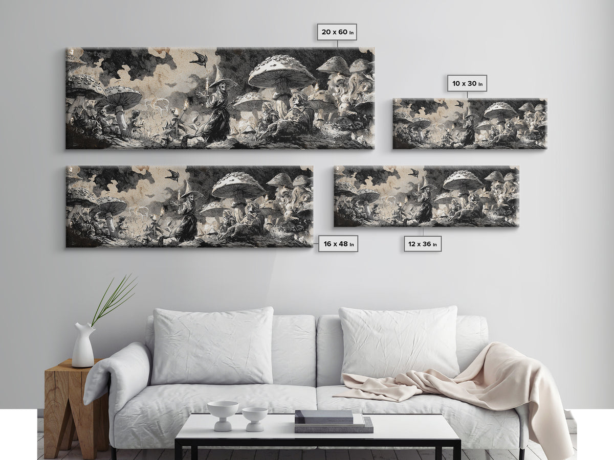 The Moonlit Mushroom Village, Decadent Gothic Art, Extra Wide Wall Art, Dark Halloween Decor, Framed Canvas Print, Halloween Wall Art