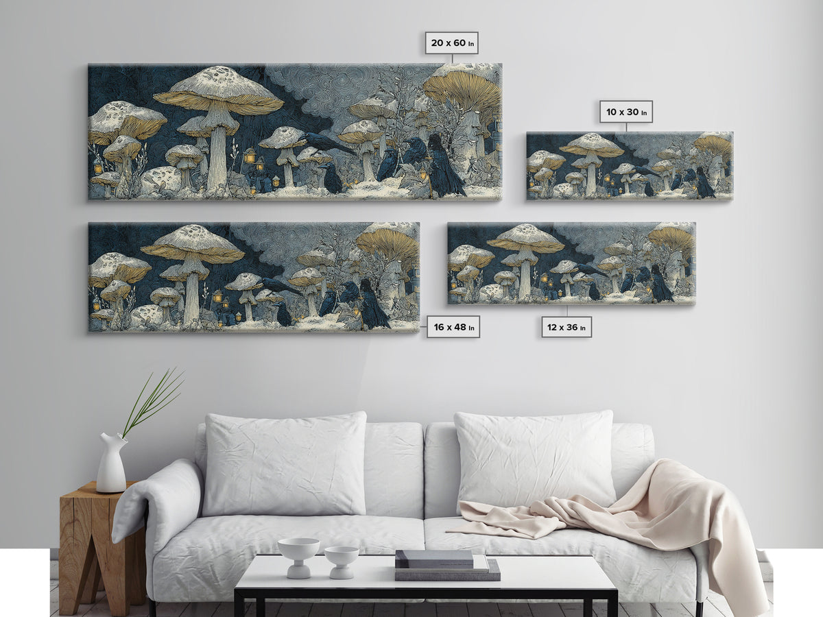 The Moonlit Mushroom Village, Symbolist Death Art, Extra Wide Wall Art, Macabre Wall Art, Framed Canvas Print, Halloween Wall Art