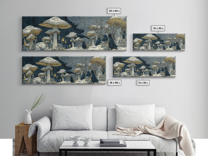 The Moonlit Mushroom Village, Symbolist Death Art, Extra Wide Wall Art, Macabre Wall Art, Framed Canvas Print, Halloween Wall Art