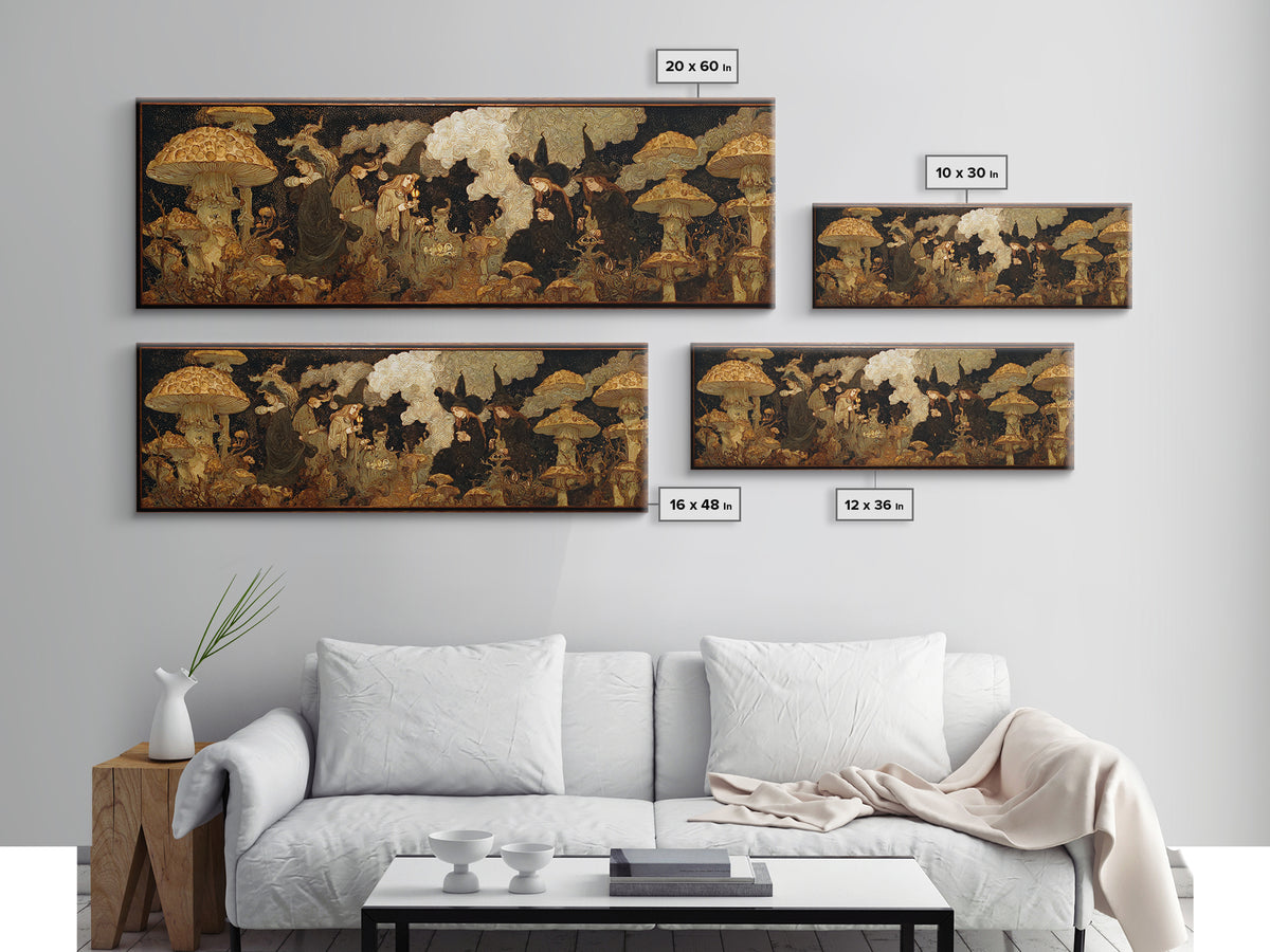 The Moonlit Mushroom Village, Dark Symbolist Art, Extra Wide Wall Art, Gothic Horror Wall Art, Canvas Print, Halloween Wall Art