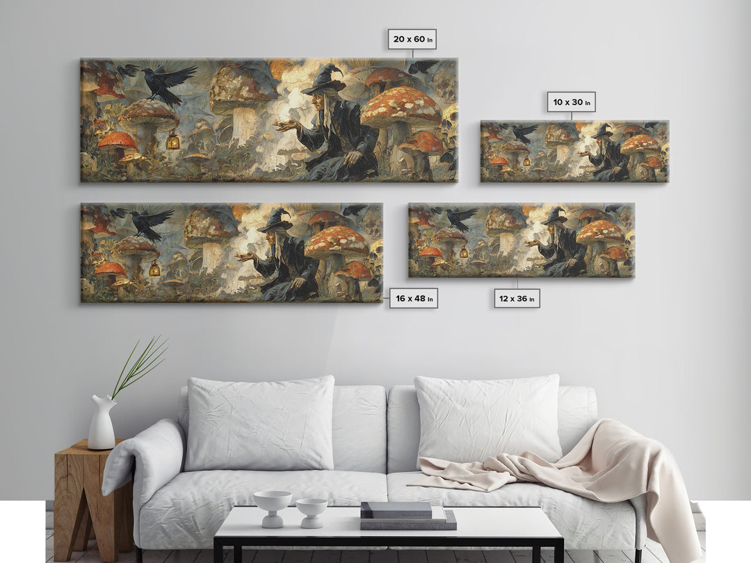 The Moonlit Mushroom Village, Symbolist Etching Art, Extra Wide Wall Art, Gothic Horror Wall Art, Canvas Print, Halloween Wall Art
