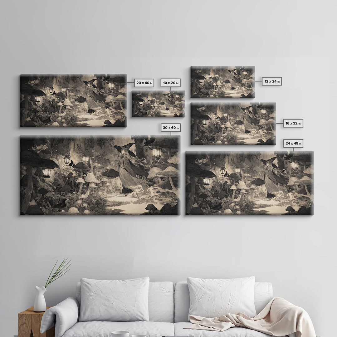 The Moonlit Mushroom Village, Expressionist Nightmare Art, Wide Panoramic Art, Gothic Horror Wall Art, Canvas Print, Halloween Wall Art