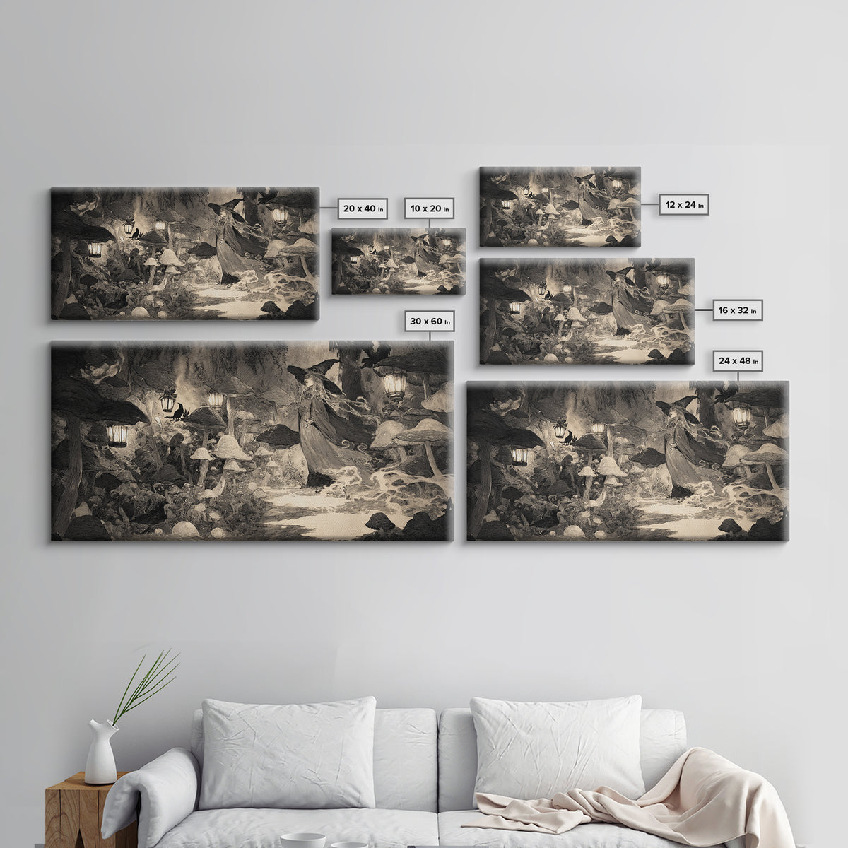 The Moonlit Mushroom Village, Expressionist Nightmare Art, Wide Panoramic Art, Gothic Horror Wall Art, Canvas Print, Halloween Wall Art