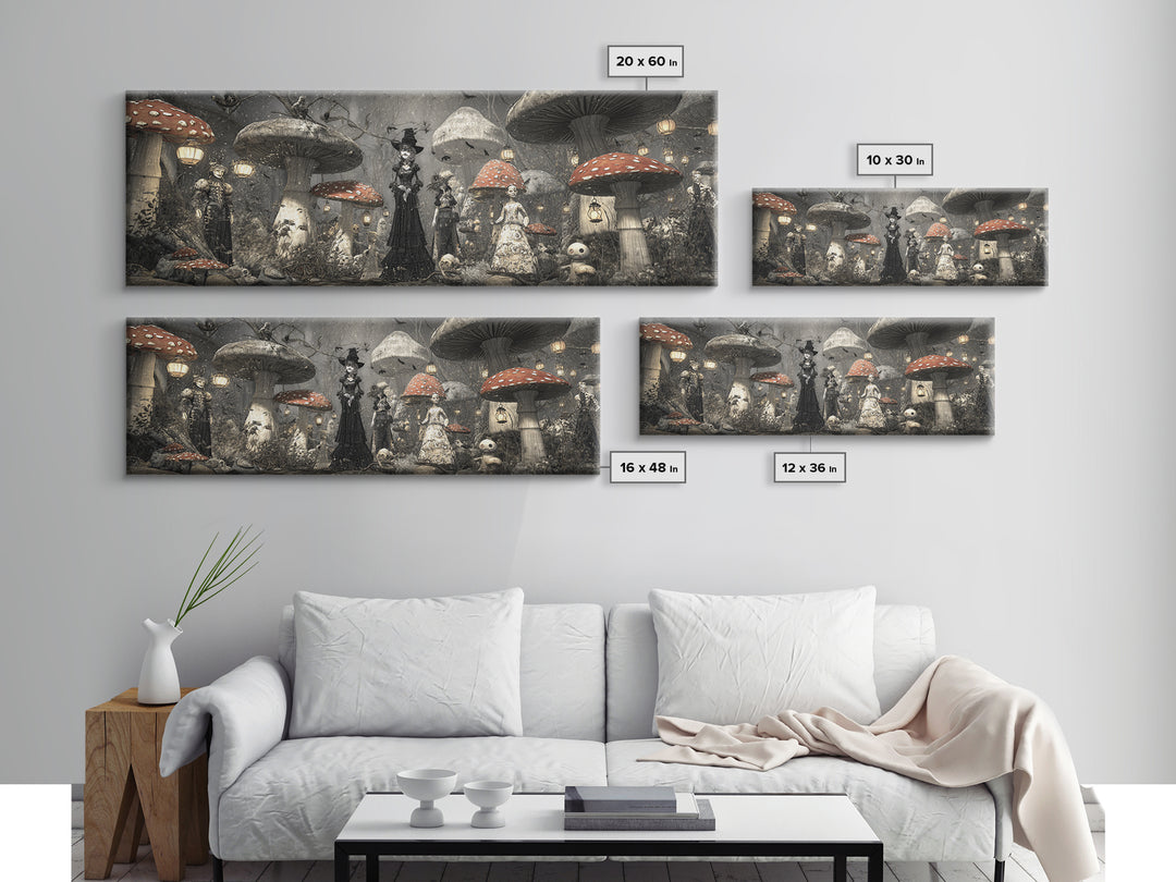 The Moonlit Mushroom Village, Expressionist Gothic Art, Extra Wide Wall Art, Dark Fantasy Wall Art, Framed Canvas Print, Halloween Wall Art