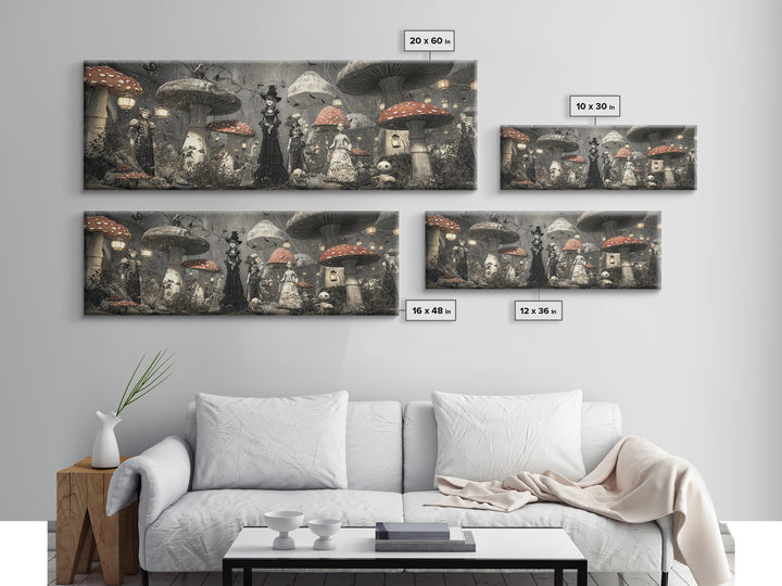 The Moonlit Mushroom Village, Expressionist Gothic Art, Extra Wide Wall Art, Dark Fantasy Wall Art, Framed Canvas Print, Halloween Wall Art