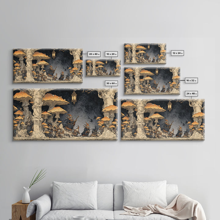 The Moonlit Mushroom Village, Gothic Storybook Art, Wide Panoramic Art, Gothic Horror Wall Art, Canvas Print, Halloween Wall Art