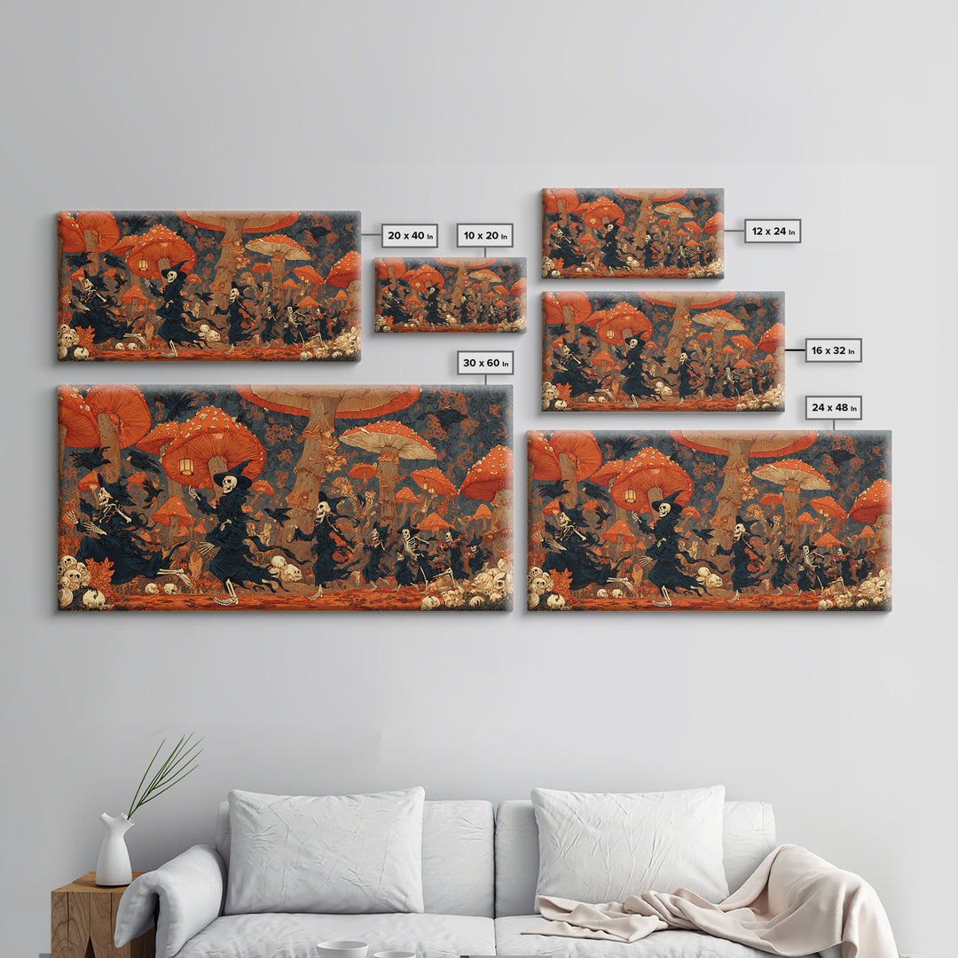 The Moonlit Mushroom Village, Macabre Folk Print Art, Wide Panoramic Art, Dark Halloween Decor, Framed Canvas Print