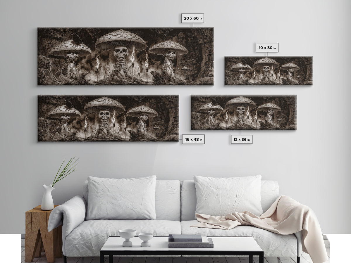 The Moonlit Mushroom Village, Biomechanical Horror Art, Extra Wide Wall Art, Gothic Horror Wall Art, Canvas Print, Halloween Wall Art