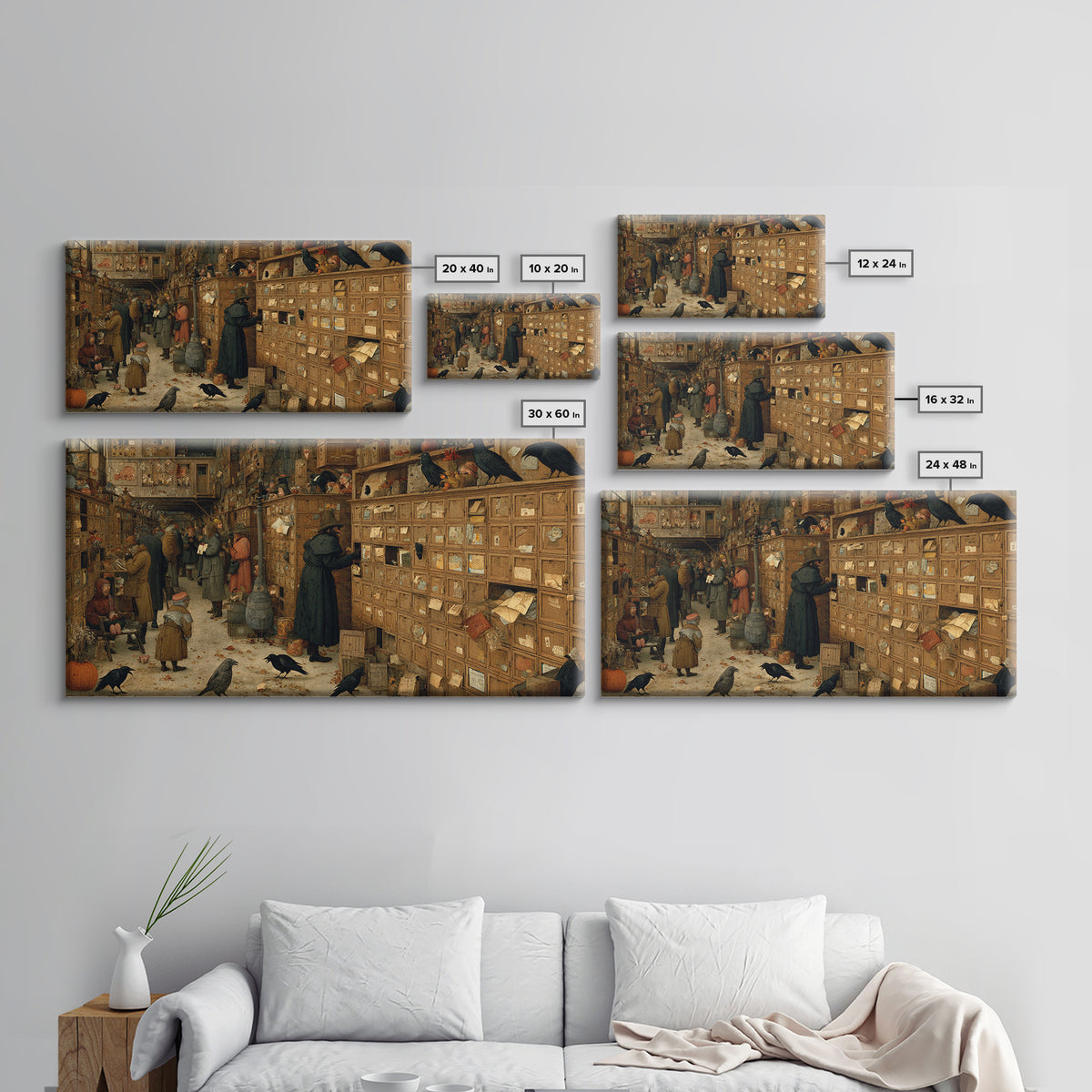 The Raven Post Office, Northern Renaissance Horror, Wide Panoramic Art, Dark Fantasy Wall Art, Framed Canvas Print