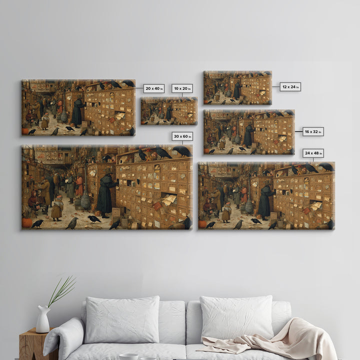 The Raven Post Office, Northern Renaissance Horror, Wide Panoramic Art, Dark Fantasy Wall Art, Framed Canvas Print