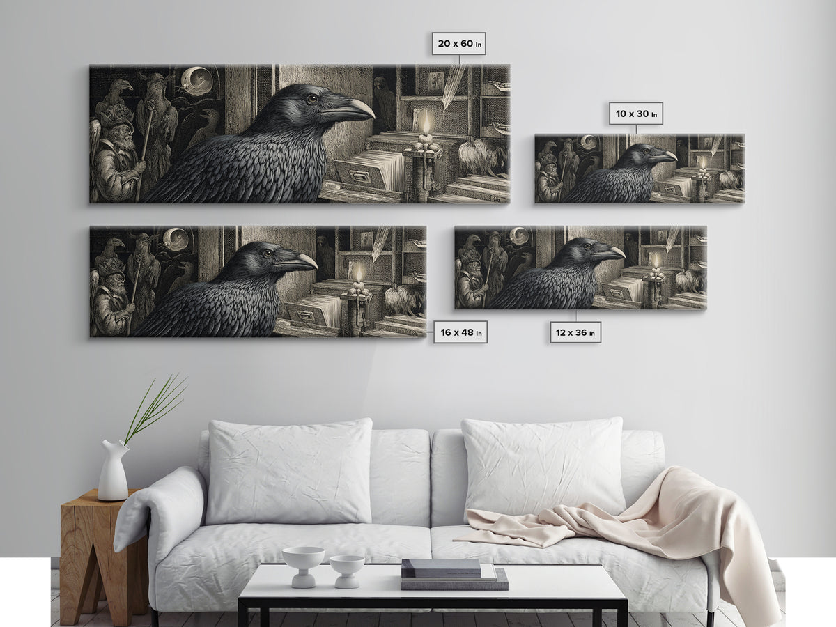 The Raven Post Office, Renaissance Engraving Art, Extra Wide Wall Art, Gothic Horror Wall Art, Framed Canvas Print, Halloween Wall Art