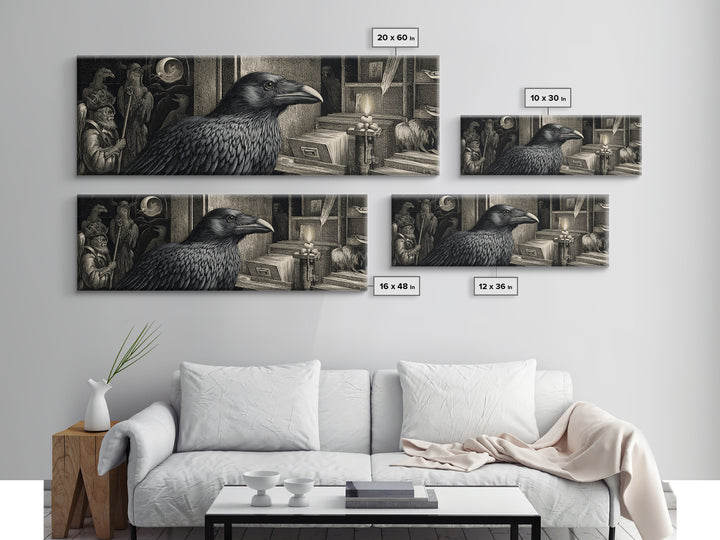 The Raven Post Office, Renaissance Engraving Art, Extra Wide Wall Art, Gothic Horror Wall Art, Framed Canvas Print, Halloween Wall Art