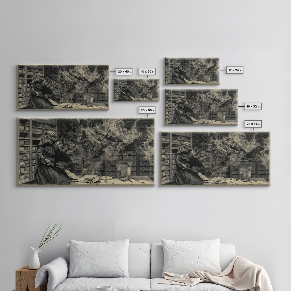 The Raven Post Office, Dark Romantic Horror Art, Wide Panoramic Art, Dark Fantasy Wall Art, Canvas Print, Halloween Wall Art