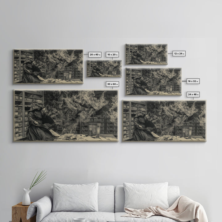 The Raven Post Office, Dark Romantic Horror Art, Wide Panoramic Art, Dark Fantasy Wall Art, Canvas Print, Halloween Wall Art