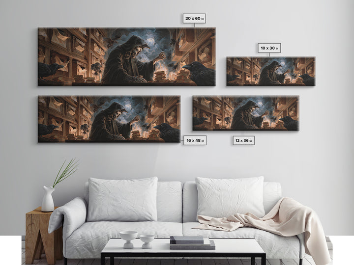 The Raven Post Office, Apocalyptic Romantic Art, Extra Wide Wall Art, Dark Halloween Decor, Canvas Print, Halloween Wall Art
