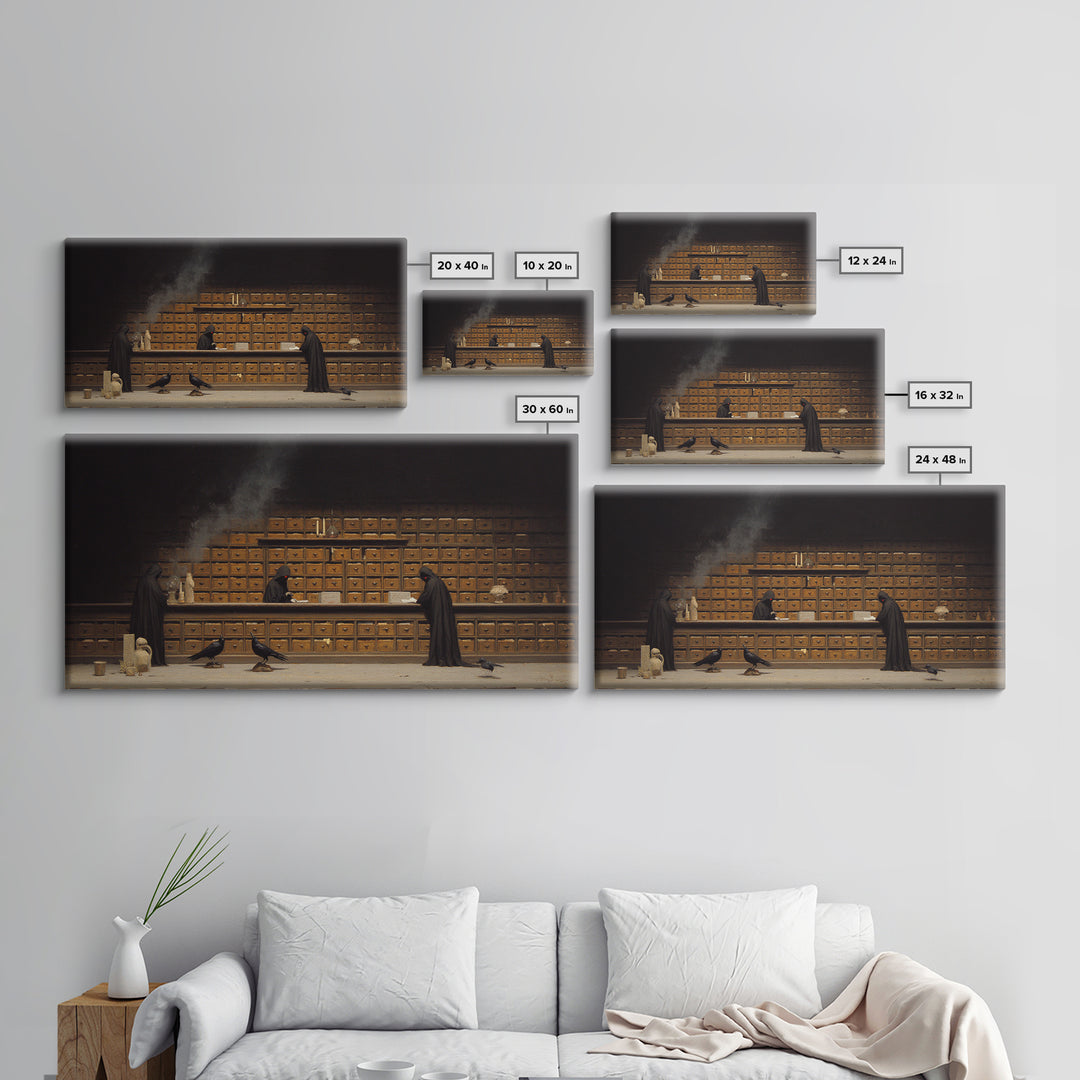 The Raven Post Office, Symbolist Gothic Landscape, Wide Panoramic Art, Macabre Wall Art, Framed Canvas Print, Halloween Wall Art