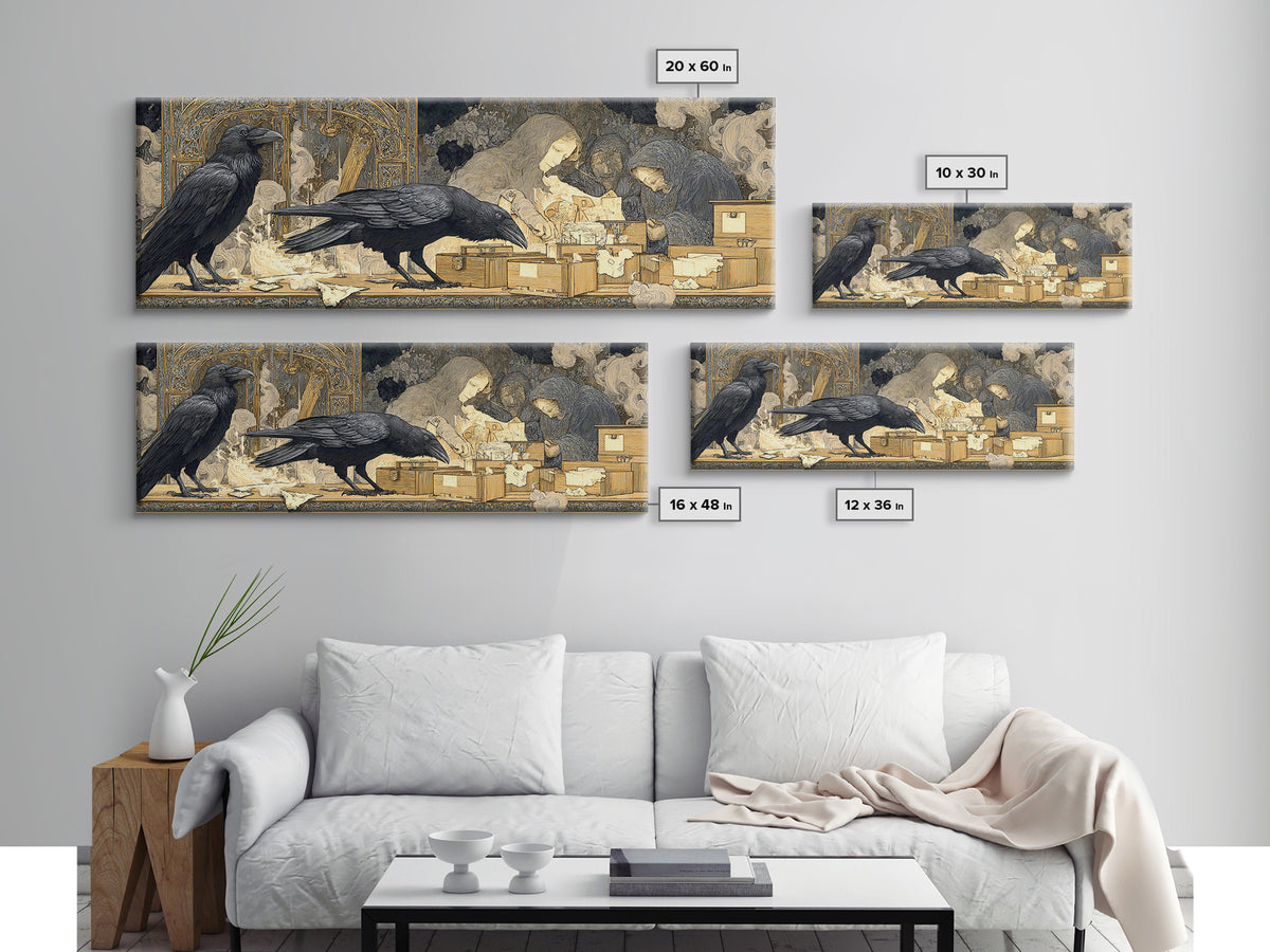 The Raven Post Office, Symbolist Death Art, Extra Wide Wall Art, Dark Halloween Decor, Framed Canvas Print, Halloween Wall Art