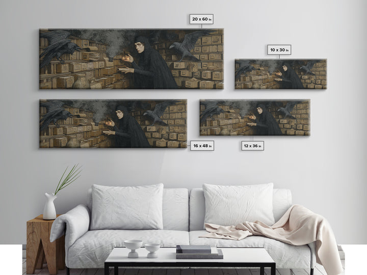 The Raven Post Office, Dark Symbolist Art, Extra Wide Wall Art, Dark Fantasy Wall Art, Canvas Print, Halloween Wall Art