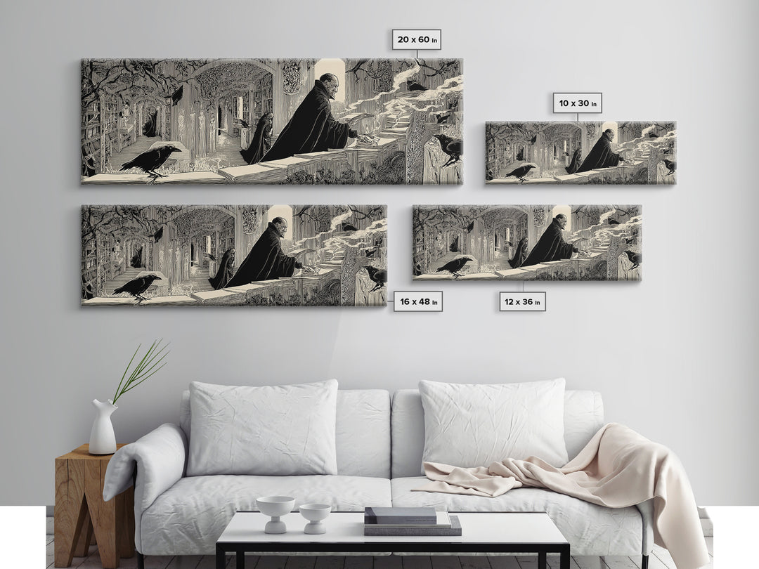 The Raven Post Office, Decadent Line Art, Extra Wide Wall Art, Macabre Wall Art, Framed Canvas Print, Halloween Wall Art