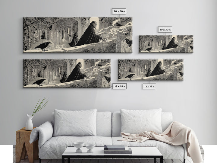 The Raven Post Office, Decadent Line Art, Extra Wide Wall Art, Macabre Wall Art, Framed Canvas Print, Halloween Wall Art