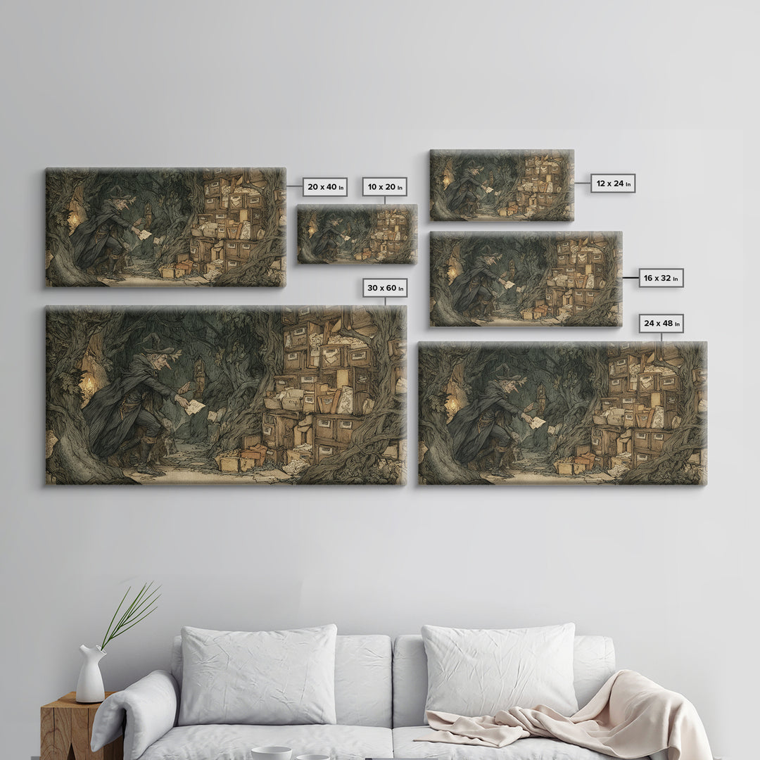 The Raven Post Office, Gothic Storybook Art, Wide Panoramic Art, Macabre Wall Art, Framed Canvas Print, Halloween Wall Art