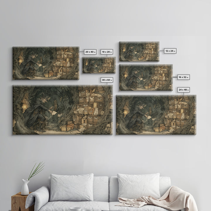 The Raven Post Office, Gothic Storybook Art, Wide Panoramic Art, Macabre Wall Art, Framed Canvas Print, Halloween Wall Art