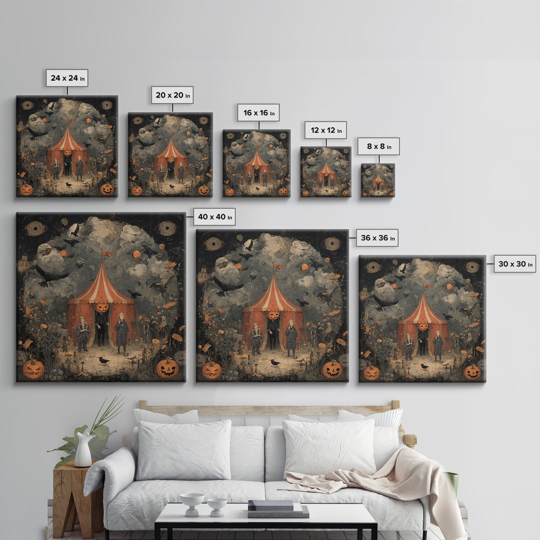The Jack-O'-Lantern Circus, Symbolist Dream Art, Square Wall Art, Dark Halloween Decor, Framed Canvas Print, Halloween Wall Art